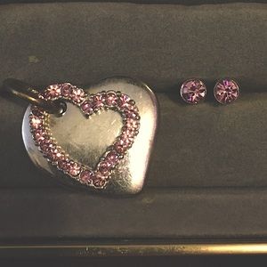 Silver Heart with Pink Crystal Pendant & Pink Crystal Studs